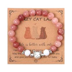 Flongo Katze Armband Perlen Damen: Cat Bracelet Katzenarmband Cat Lover Geschenk Katzenschmuck für Frauen Mädchen Gedenkarmband Haustier süß Schmuck Armkette mit Naturstein Tigerauge Stein pink von Flongo