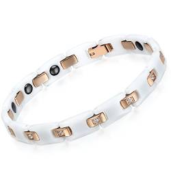 Flongo Keramik Armband Damen weiß Rose Gold Magnetarmband Porzellan Armreif Edelstahl Armkette mit Zirkonia Paar Pärchen Magnetisch für Frauen Männer Mädchen von Flongo