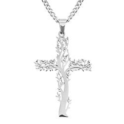 Flongo Kreuz Halskette Lebensbaum Kreuz-Anhänger Herren Halskette Damen Halskette aus Edelstahl Silber Kette Kreuz Lebensbaum Halskette Elegante Accessoires für Männer und Frauen von Flongo