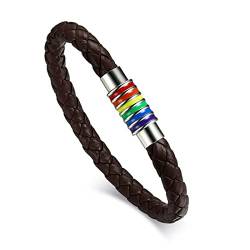 Flongo LGBT Lederarmband Leder Armband Armreifen Manschette Seil Braun Regenbogen Streifen Gay Pride Schwul Homosexual Homosexuell Magnet Verschluss für Männer Frauen von Flongo