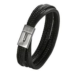 Flongo Leder Herren-Armband, Edelstahl Leder Armband Armreif Lederarmband Manschette Silber Schwarz Surfer Mehrschichtige Kette Stecker Schließe Wickeln Herrenarmband Männer von Flongo