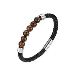 Flongo Lederarmband Energiearmband Lava Herren Echtleder Leder-Armband Damen Armreif Tigerauge-Stein Kugel Perlen Armkette mit Magnetverschluss Schwarz Braun für Männer Frauen von Flongo