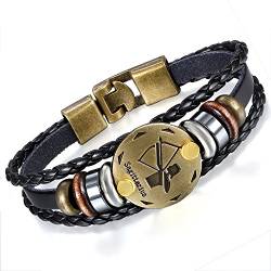 Flongo Lederarmband Horoskop Armband Damen Armkette Herren Armreif, Leder-Armband Armreif Manschette Manschettenknopf Schwarz Gold Golden Horoskop Tierkreis Sternzeichen Sternbild Schütze von Flongo