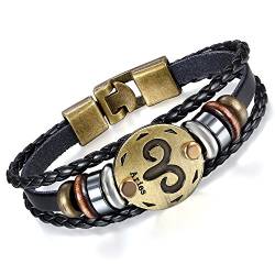 Flongo Lederarmband Horoskop Armband Damen Armkette Herren Armreif, Leder-Armband Armreif Manschette Manschettenknopf Schwarz Gold Golden Horoskop Tierkreis Sternzeichen Sternbild Widder von Flongo