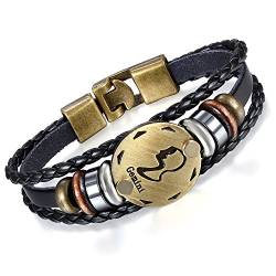 Flongo Lederarmband Horoskop Armband Damen Armkette Herren Armreif, Leder-Armband Armreif Manschette Manschettenknopf Schwarz Gold Golden Horoskop Tierkreis Sternzeichen Sternbild Zwillinge von Flongo