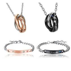 Flongo Paar-Schmuckset Partner Armbänder + Partner Halsketten Paar Geschenke Edelstahl-Halskette und -Armband mit Gravur Halskette mit Ring Geschenke für Jahrestage, Valentinstage, Geburtstage von Flongo