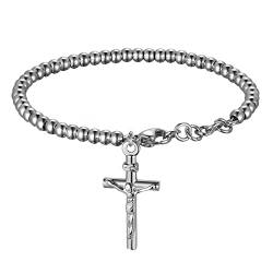 Flongo Rosenkranz Kette Armband Kugelkette Silber mit Jesus Christus Kruzifix Kreuz Medal Medallion für Männer Frauen von Flongo