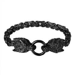 Flongo Wikinger Wolf Herren Armband: Wolfskopf Viking Armkette schwarz Byzantinisches Kettenamulett Edelstahl Herrenarmband Irisch Keltisch Vintage Gothic Norwegisch Königskette für Männer von Flongo