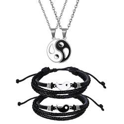 Flongo Yin Yang Partnerarmbänder Partner Ketten Set - 2 silber Edelstahl Paar Halsketten mit Tai chi Puzzle Anhänger und 2 geflochten Seil Leder Paare Armbänder verstellbar geschenk für Bff Freundin von Flongo