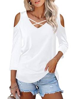 Florboom 3/4 Arm Shirt Damen Longsleeve Tshirt Schulterfrei Oberteil V Ausschnitt Bluse, Weiß XL von Florboom