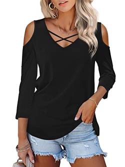 Florboom 3/4 Langarm Cut Out Shirt Damen Langes Tshirts V Ausschnitt Oberteil, Schwarz L von Florboom