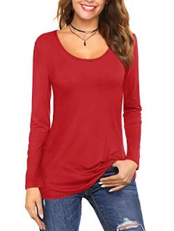 Florboom Basic Tshirt Damen Langarmshirt Baumwolle Rundhals Lässig Shirt Bluse Longsleeve T-Shirt Einfarbig Rot XL von Florboom