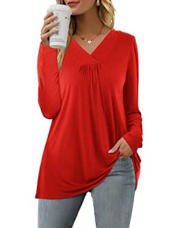 Florboom Bluse Damen Elegant Langarm T Shirts Einfarbiges Falten Oberteil Rot XL von Florboom