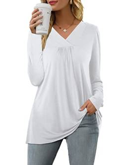 Florboom Blusen Damen Lose Plissiert V Ausschnitt T Shirts Oberteile Tunika Top Weiß L von Florboom