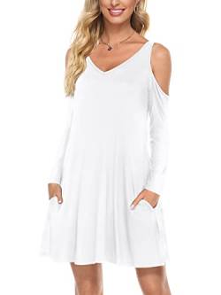 Florboom Cold Shoulder Kleid Damen Langarm Freizeit Kleider V-Ausschnitt Strandkleider Knielang, Weiß XL von Florboom