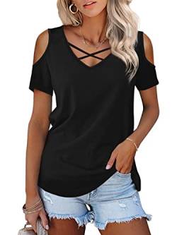 Florboom Cold Shoulder Shirt Damen Kurzarm T-Shirt Sommer Criss Cross Bluse, Schwarz S von Florboom