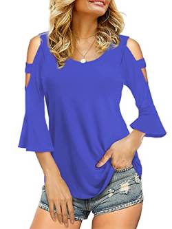Florboom Damen Cold Shoulder Top Basic T-Shirts 3/4 Ärmel Casual Bluse T-Shirts, B: Blau, X-Groß von Florboom