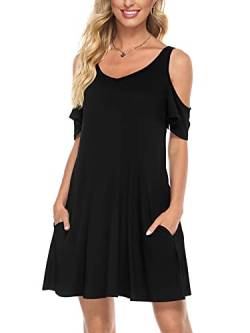 Florboom Damen Kleider Kurzarm V-Ausschnitt Freizeitkleid Sommer Skaterkleid mit Taschen Schwarz L von Florboom