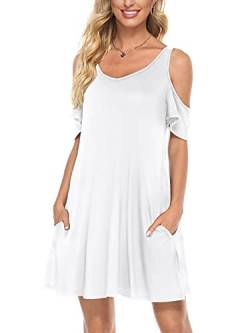 Florboom Damen Kleider Schulterfrei Kurzarm Elegant Sommerkleid Swing Knielang Kleid Weiß XL von Florboom