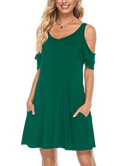 Florboom Damen Kurzarm Kleid Knielang Sommerkleid T-Shirt Kleider Elegant Swing mit Taschen Grün S von Florboom