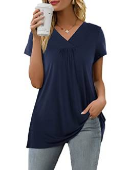 Florboom Damen Oberteile Kurzarm Locker V Ausschnitt Bluse Elegant Longshirt Navy Blau XL von Florboom