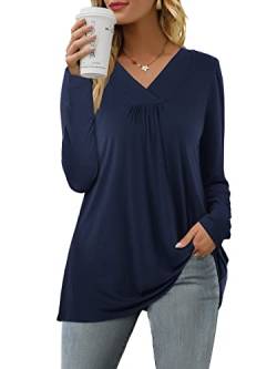 Florboom Damen Oberteile Langarm Locker V Ausschnitt Bluse Elegant Longshirt Navy Blau L von Florboom