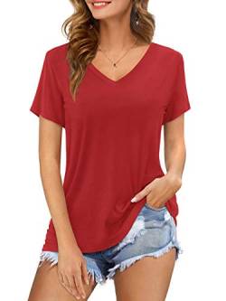 Florboom Damen Sommer Kurzarm T-Shirt V-Ausschnitt Tunika Top Lässige Oberteil Bluse Shirt Rot L von Florboom