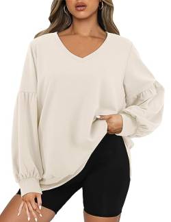 Florboom Damen Tunika Langarmshirt Oberteile V-Ausschnitt Casual Tops, Beige L von Florboom