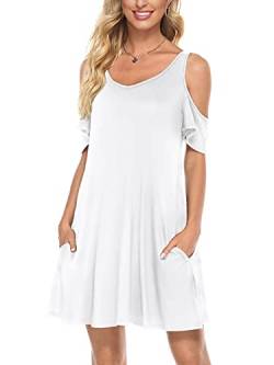 Florboom Kleid Damen Knielang Off Shoulder Strandkleider V Ausschnitt Kleider Lose Freizeitkleid Weiß S von Florboom