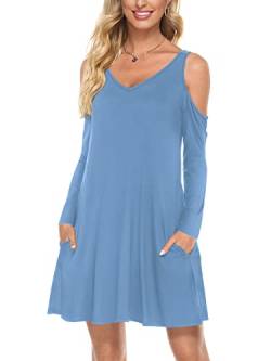 Florboom Kleid Langarm Damen Kleider V Ausschnitt Freizeitkleid Schulterfrei Kleid Mit Raschen, Blau M von Florboom