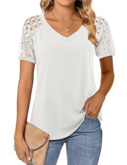 Florboom Kurzarm Damen V-Ausschnitt Locker T-Shirts Elegant Oberteile Spitze Top, Weiß S von Florboom