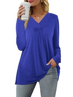 Florboom Longbluse Damen Longshirt V Ausschnitt Langarm Shirts Sexy Falten Tunika Blau L von Florboom