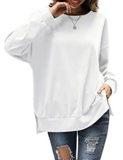 Florboom Longshirt Damen Langarm Tshirt Rundhals Pulli Schlitz Einfarbig Pullover Shirt Weiß S von Florboom