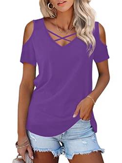 Florboom Longshirt Damen Sommer Kurzarm Oberteil Criss Cross Bluse Off Shoulder Tshirt, Lila M von Florboom