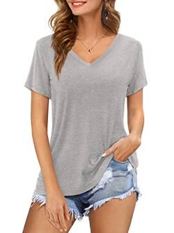 Florboom Oberteil Damen Kurzarm V Ausschnitt Shirt Sommer Top Einfarbig T-Shirt Grau L von Florboom