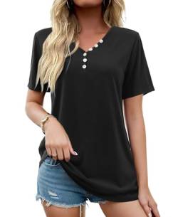 Florboom Oberteil Damen Kurzarm V Ausschnitt mit Knopfdekoration Longshirt Schwarz XL von Florboom