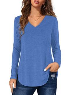 Florboom Oberteil Damen Langarmshirt V-Ausschnitt Locker Blusen Top Einfarbig T-Shirt, Blau L von Florboom