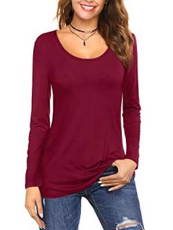 Florboom Oberteile Damen Langarm Elegant Tshirt Rundhals T-Shirt Baumwolle Tunika Solide Bluse Weinrot L von Florboom