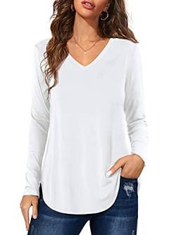 Florboom Oberteile Damen Langarmshirt V-Ausschnitt T-Shirt Casual Basic Bluse Longshirt Weiß M von Florboom