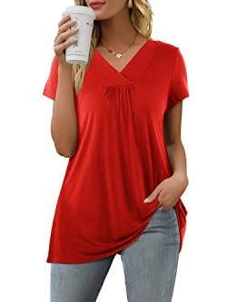 Florboom Rote Blusen für Damen Tops Sommer Locker Shirt V Ausschnitt Tunika Lang Rot L von Florboom