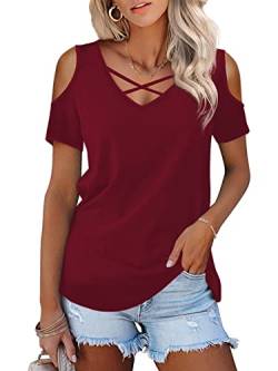 Florboom Schulterfrei Oberteil Damen Kurzarmshirt V-Ausschnitt Sommer Tunika Bluse, Weinrot L von Florboom