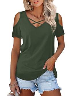 Florboom Schulterfreie Oberteile Damen Kurzarm V Ausschnitt Tops Sommer Shirt Lang, Olivgrün S von Florboom