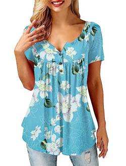 Florboom Sexy Oberteil Damen Sommer Kurzarm T-Shirt Blumendruck V Ausschnitt Longshirt Blau S von Florboom