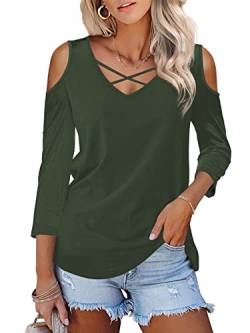 Florboom Shirt Damen Cold Shoulder Tops Kurzarm Tunikabluse mit V-Ausschnitt, Olivgrün XXL von Florboom