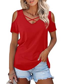 Florboom Shirt Damen Kurzarm Longshirt Langes Tshirt Sommer Off Shoulder Oberteil, Rot L von Florboom