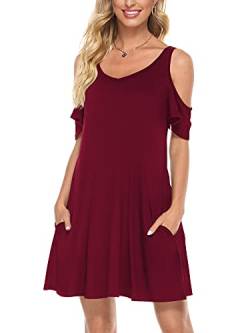 Florboom Strandkleider Damen Knielang Sommerkleid V Ausschnitt Schulterfrei Elegant Kleider Weinrot S von Florboom