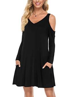 Florboom Strandkleider Damen Langarm Freizeitkleid V Ausschnitt Off Shoulder Tunikakleid, Schwarz L von Florboom