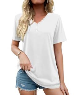 Florboom T Shirt Damen Basic Kurzarm Oberteile Casual Sommer V-Ausschnitt Bluse Weiß XXL von Florboom