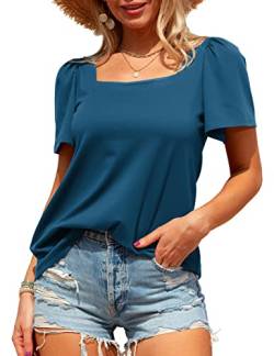 Florboom T-Shirt Damen Elegant Sommer Kurzarm Einfarbig Bluse Tops Blau S von Florboom