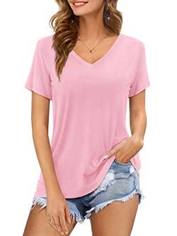 Florboom T-Shirt Damen Sommer Oberteile V-Ausschnitt Longshirt Kurzarm Einfarbiges Tshirt Rosa M von Florboom